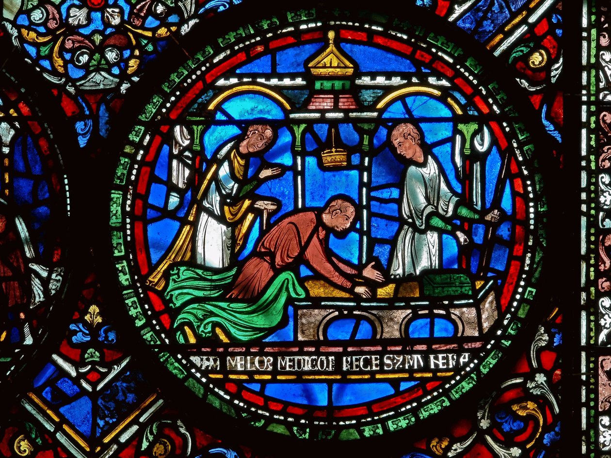 Detalj från Miracle Window föreställande William Kellett och Adam Forrester av English School