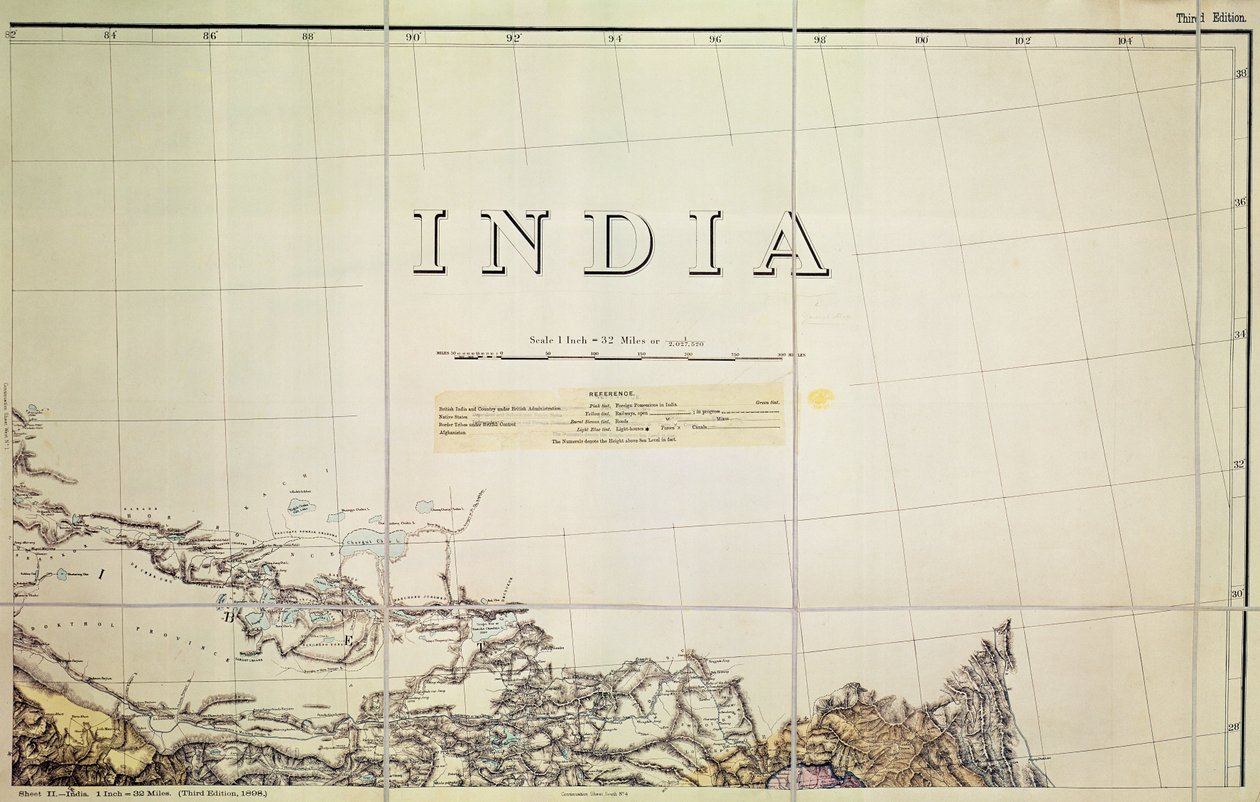 Detalj av en karta över gränsen mellan Indien och Tibet av English School
