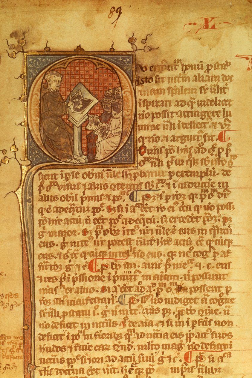 Detalj av ett prydnadsbrev i ett 1300-talsmanuskript. Duns Scotus föreläser sina elever av English School
