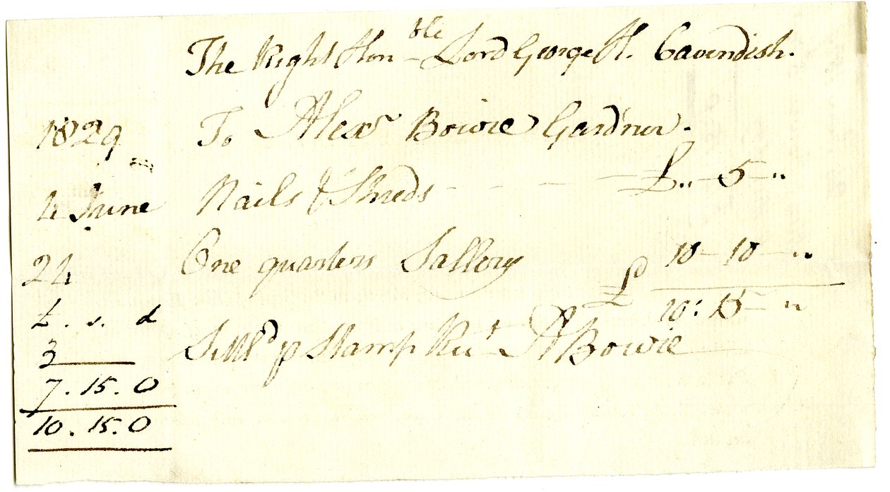 Devonshire MSS AS 3101, folio från en bunt sedlar som betalats av Pinder Simpson för Lord George Cavendish, inklusive Alexander Bowies sedel av English School