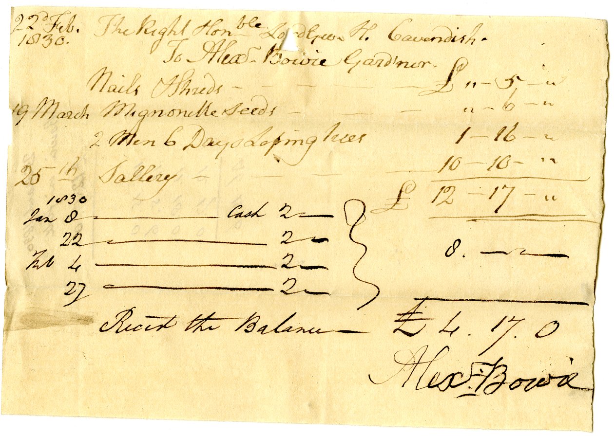 Devonshire MSS AS 3101, folio från en bunt sedlar som betalats av Pinder Simpson för Lord George Cavendish, inklusive Alexander Bowies sedel av English School
