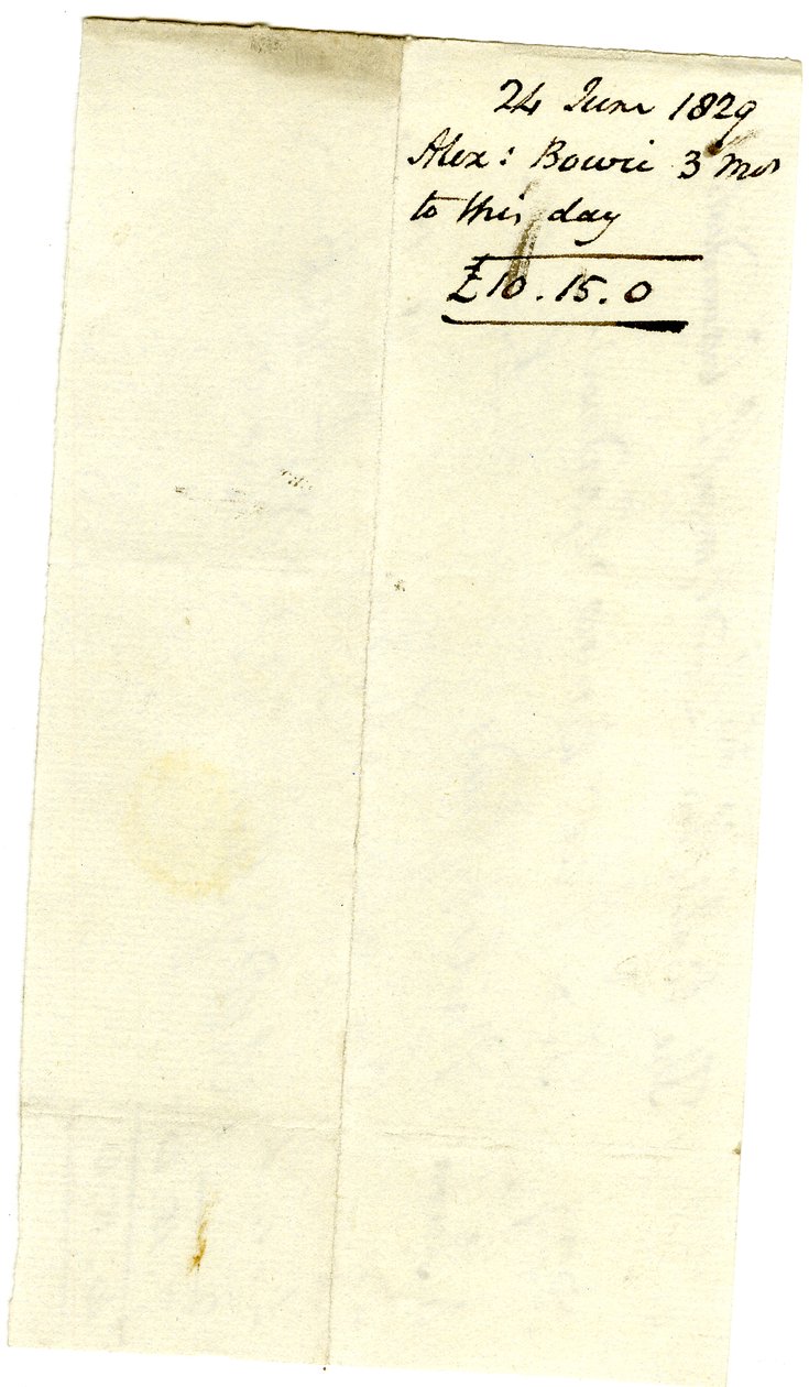 Devonshire MSS AS 3101, folio från en bunt sedlar som betalats av Pinder Simpson för Lord George Cavendish, inklusive Alexander Bowies sedel av English School