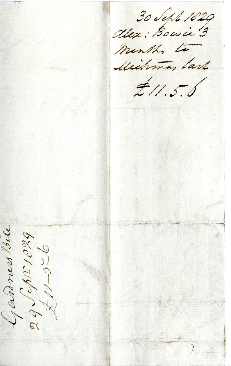 Devonshire MSS AS 3101, folio från en bunt sedlar som betalats av Pinder Simpson för Lord George Cavendish, inklusive Alexander Bowies sedel av English School