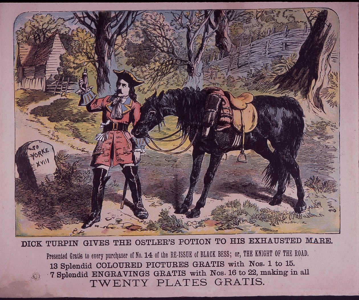 Dick Turpin med sin häst Black Bess på väg till York (färg litho) av English School