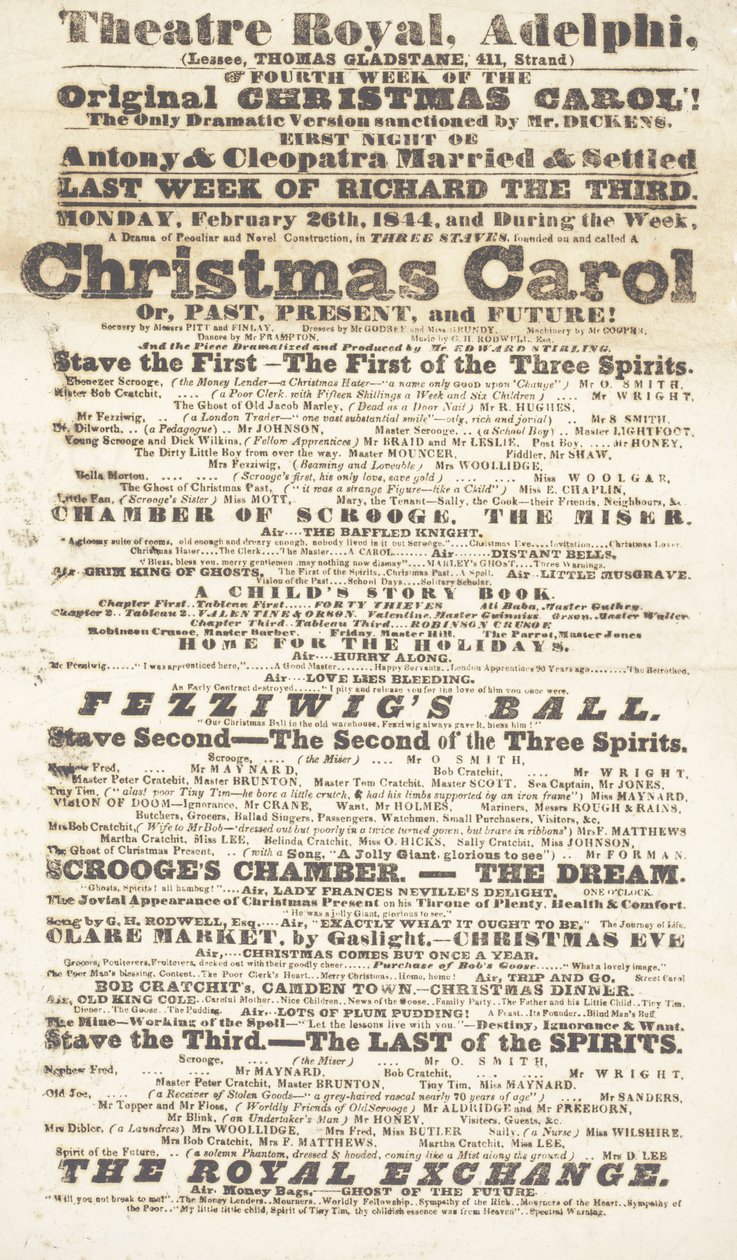 Dickens playbill: A Christmas Carol på Adelphi Theatre Royal, 26 februari 1814 av English School