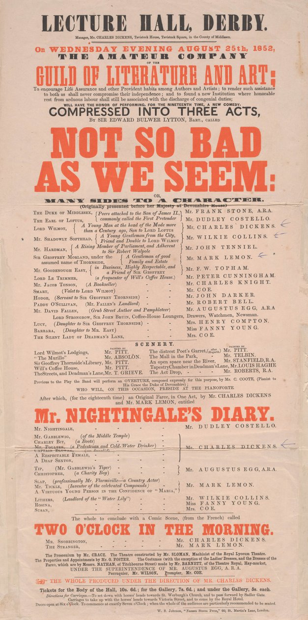 Dickens playbill: Not So Bad As We Seem at Lecture Hall, Derby, program för 25 augusti 1852 av English School