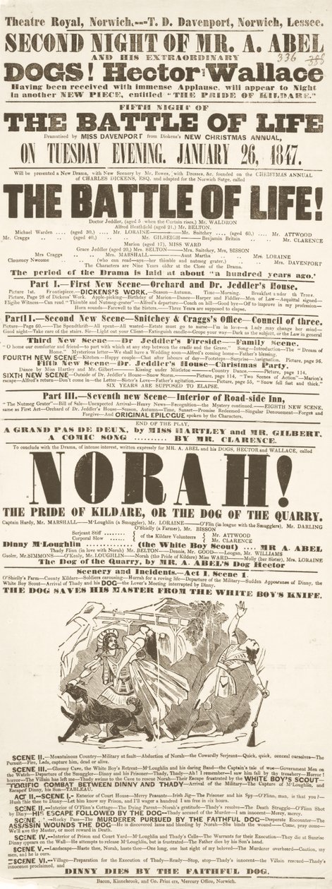 Dickens playbill: The Battle of Life, på Theatre Royal, Norwich, 26h januari 1847 av English School