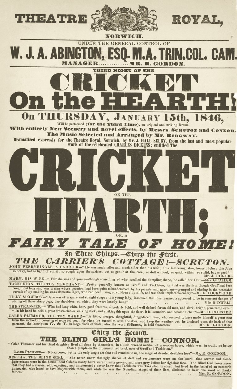 Dickens playbill: The Cricket on the Hearth på Theatre Royal, Derby, 15 januari 1846 av English School