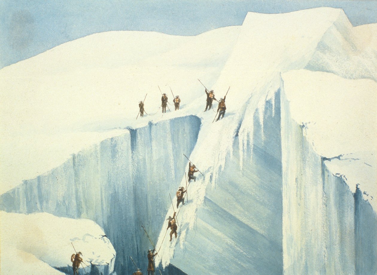 Difficult Pass of a crevice, from A Narrative of an Ascent to the Summit of Mont Blanc av Charles Fellows (1799-1860), publicerad 1827 av English School