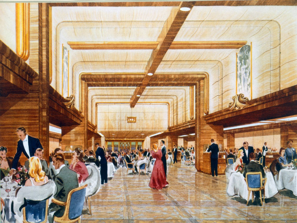 Middag och dans ombord på RMS Caronia, från en reklambroschyr, 1947 av English School