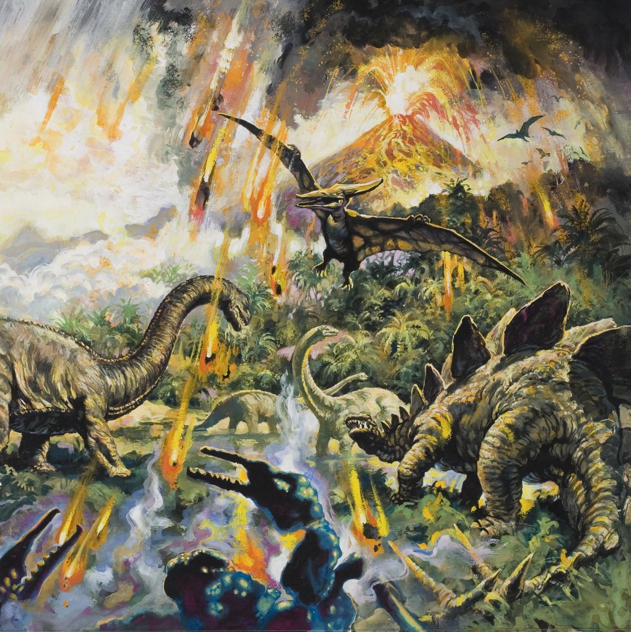 Dinosaurier och vulkaner (gouache på papper) av English School