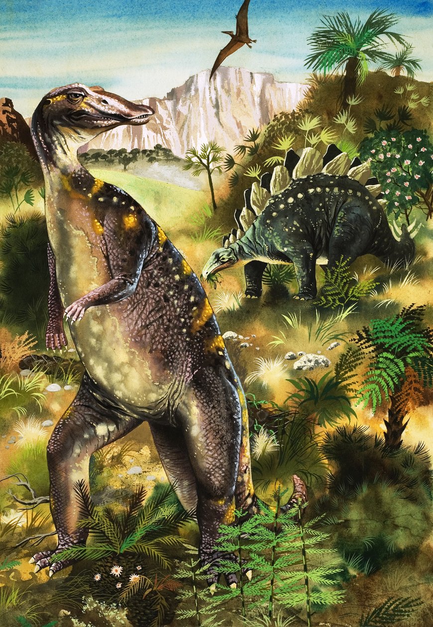 Dinosaurier, illustration från "When Monsters Ruled the Earth" (gouache på papper) av English School