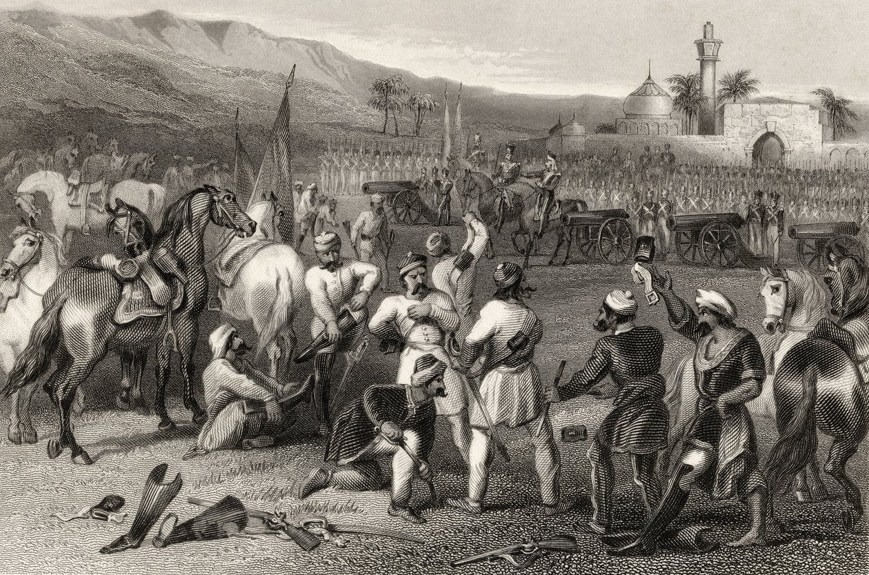 Avväpning av det 11:e irreguljära kavalleriet i Berhampore 1857, från "The History of the Indian Mytery" publicerad 1858 av English School