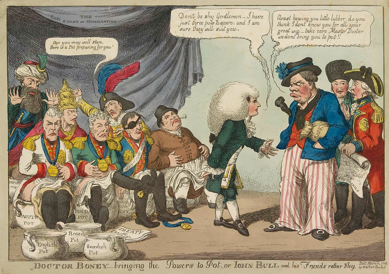 Doctor Boney_bringing the Powers to Pot ..., 1808 handfärgad gravyr. av English School