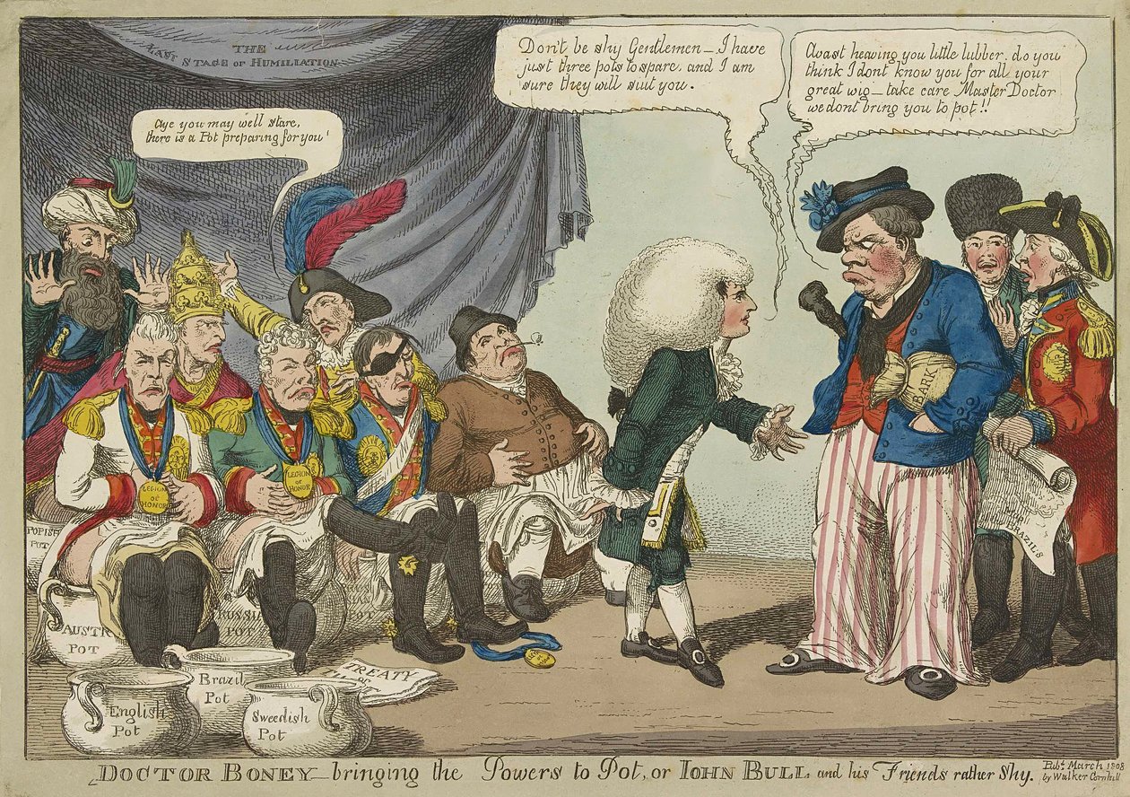 Doctor Boney_bringing the Powers to Pot, eller John Bull och hans vänner ganska blyga, pub. 1808 (handfärgad gravyr) av English School