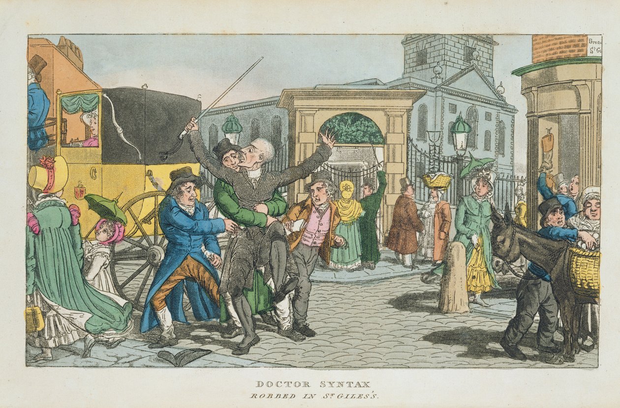 Doctor Syntax rånad i St. Giless, från The Tour of Doctor Syntax genom London, eller The Pleasures and Miseries of the Metropolis. En dikt, publicerad 1820 (akvatint) av English School