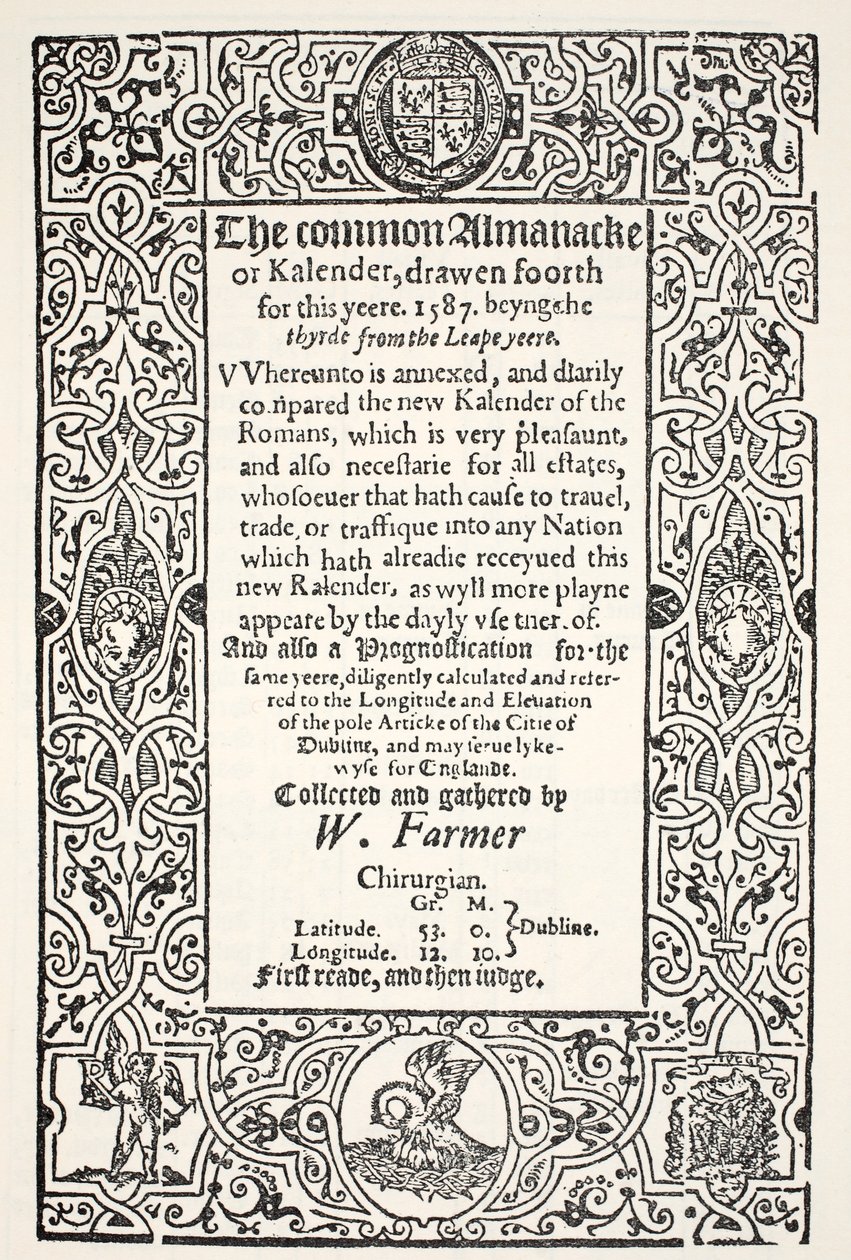 Dubbel almanack (vanlig och ny) och Prognostication for Dublin för 1587, av W. Farmer, tryckt av Watkins och Roberts, 1587 av English School