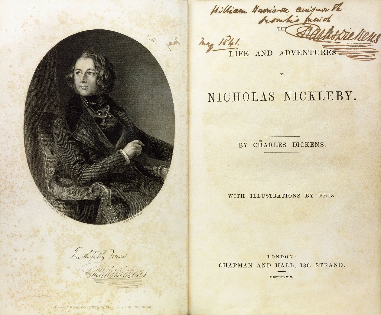Dubbelsidig uppslag med ett porträtt av Dickens och en dedikation av Dickens till William Harrison Ainsworth av English School