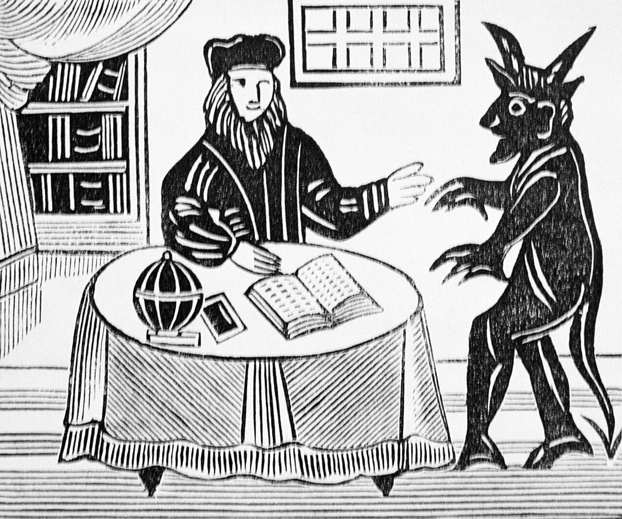 Dr. Faustus in Counsel with the Devil, från Gents översättning av Dr. Faustus av Christopher Marlowe (1564-93) 1648 från en samling kapböcker om esoterica av English School
