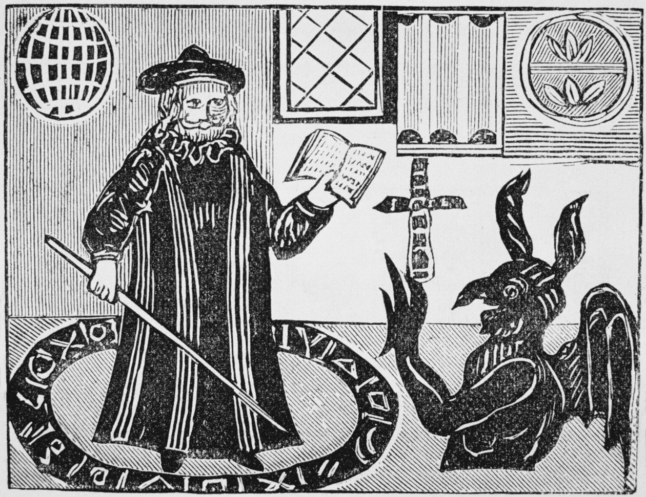 Dr Faustus in a Magic Circle, frontispice av Gents översättning av Dr Faustus, publicerad 1648 av English School