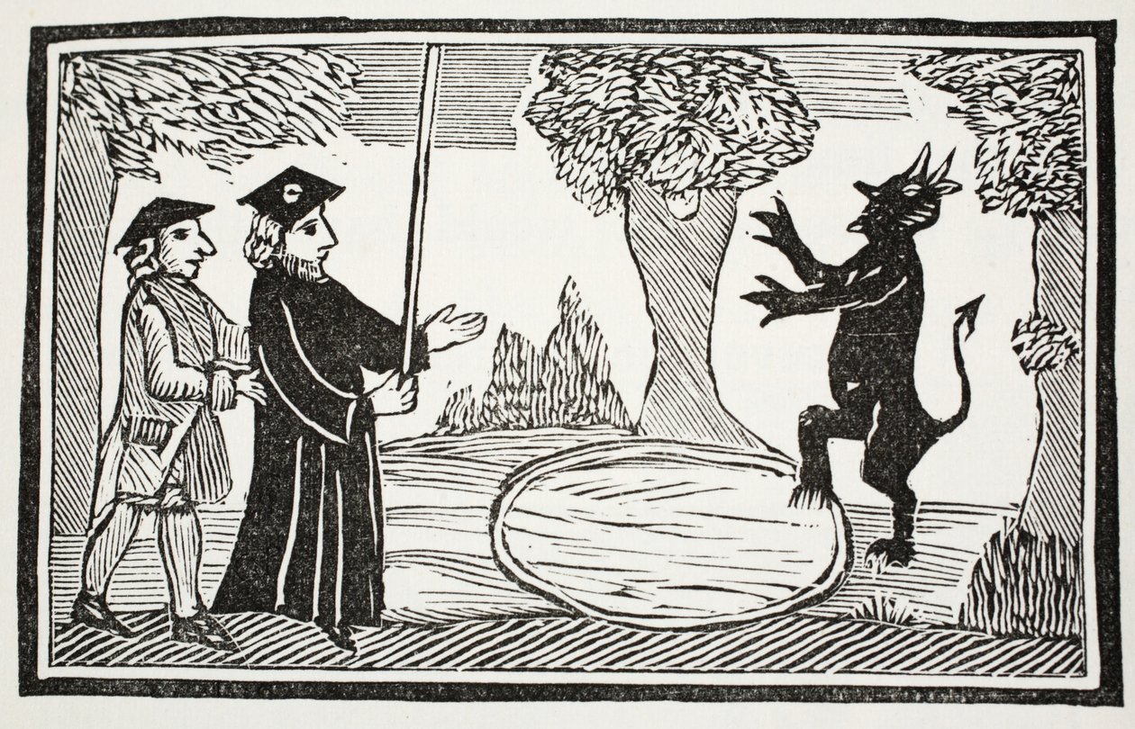 Dr. Faustus reser djävulen, illustration från Chap-books of the Eighteenth Century av John Ashton, pub. 1882 av English School