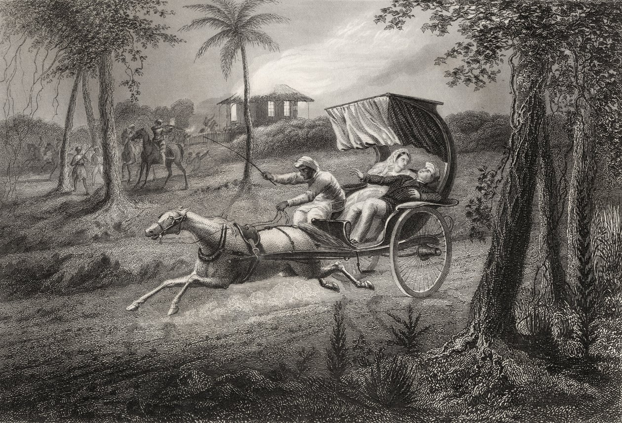 Dr Graham skjuten i sin vagn av Sealkote Myteri 1857, från "The History of the Indian Mytery", publicerad 1858 av English School