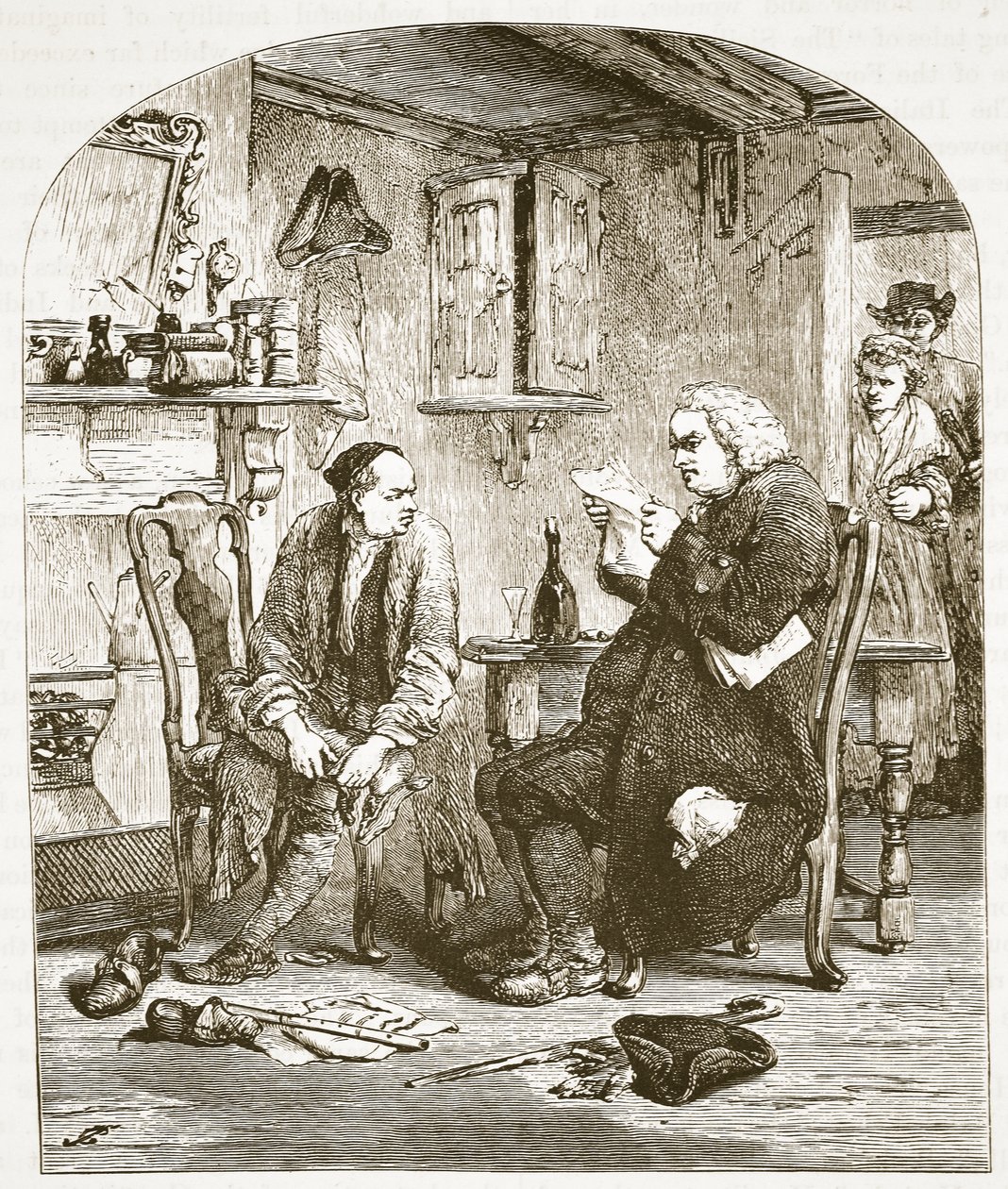 Dr Johnson läser manuskriptet av Vicar of Wakefield, illustration från Cassells Illustrated History of England (sepiafoto) av English School