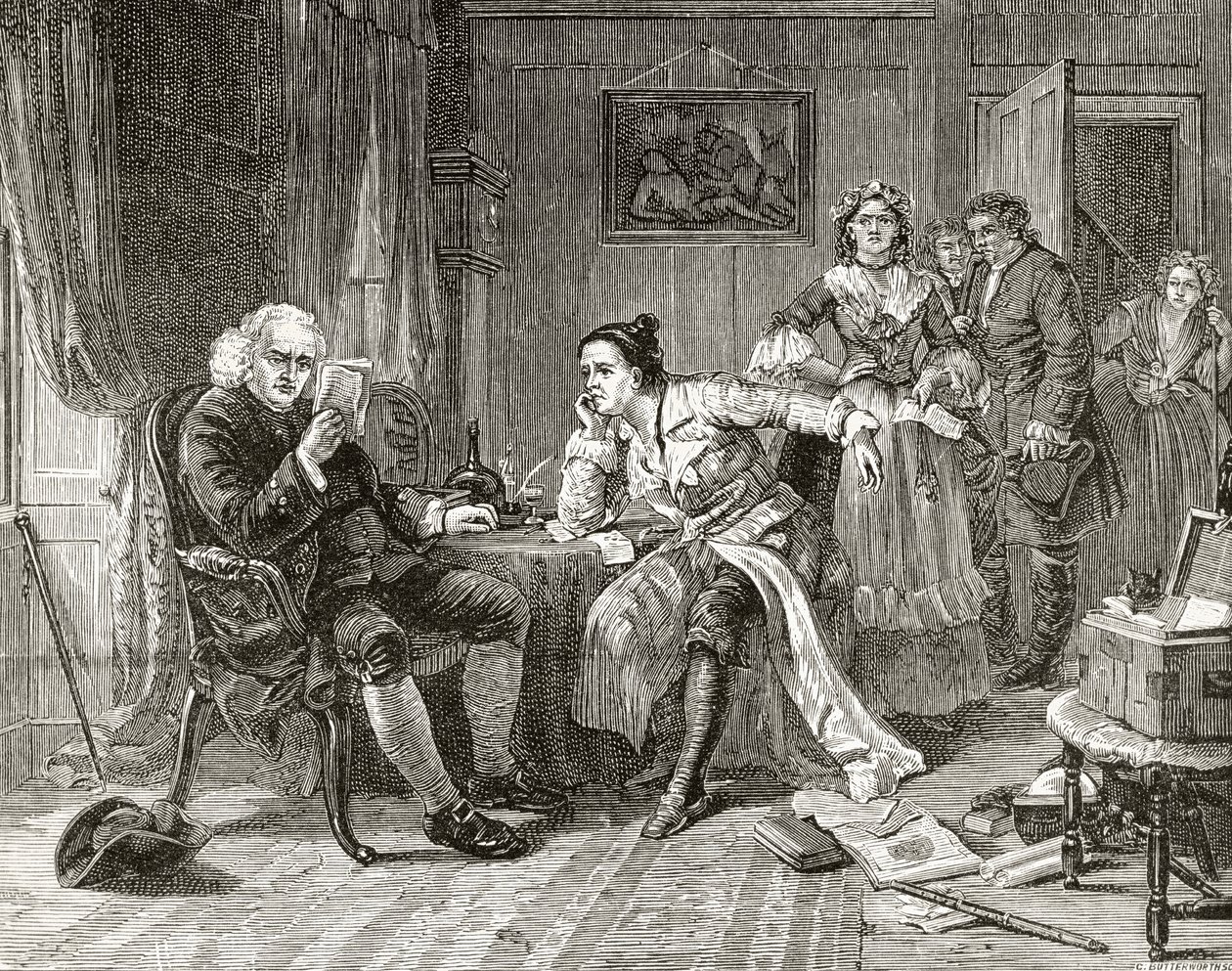 Dr Samuel Johnson läser manuskriptet till 