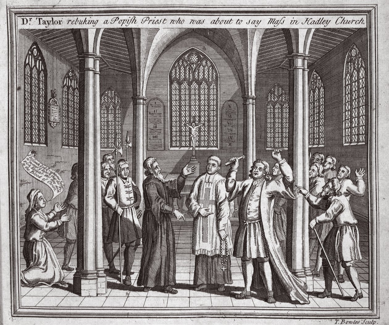 Dr Taylor tillrättavisar en påvlig präst som var på väg att säga mässa i Hadley Church, illustration från Foxes Martyrs c.1703 av English School