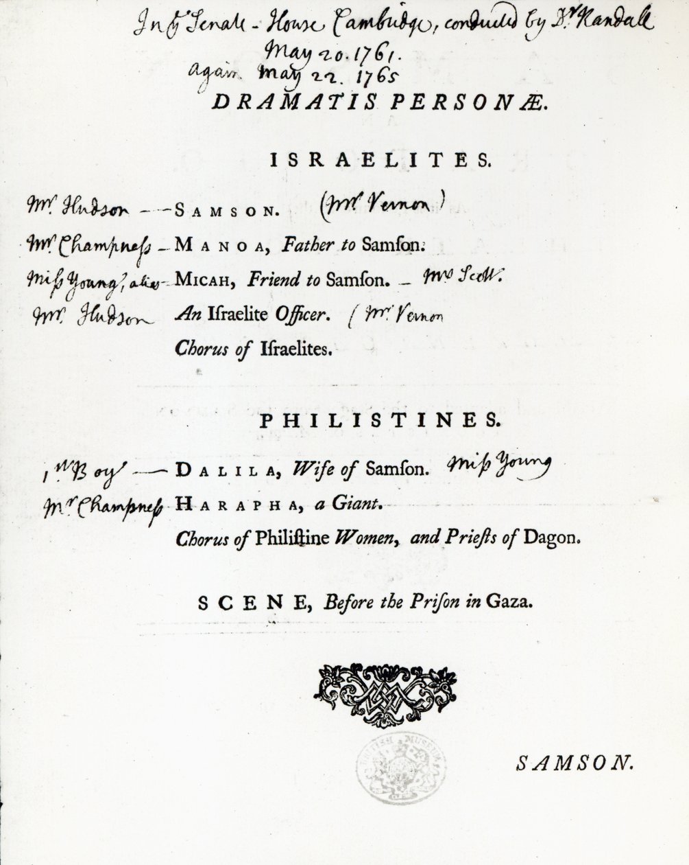 Dramatis Personae for Samson, ett oratorium av Händel, publicerat 1759 av English School