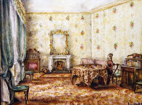 Salongsinredning i ett hus på landet, ca 1848 (akvarell på papper) av English School