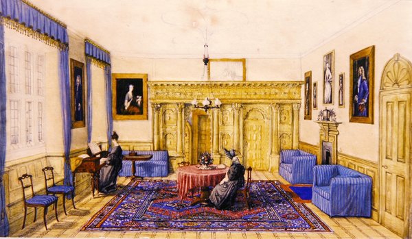 Salongsinredning av ett hus på landet, ca 1830 (akvarell på papper) av English School