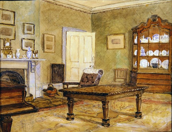 Salongsinredning med porslinsamling, ca 1890 (akvarell på papper) av English School