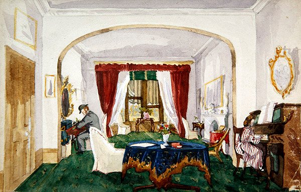 Salongsinteriör, kvinna vid piano, man i bowlerhatt skrift, ca 1850 (akvarell på papper) av English School