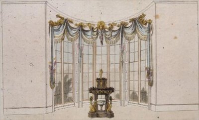 Sallfönstergardin och jardiniere, skylt 101 från Ackermanns Repository of Arts, publicerad 1809-28 (färg litho) av English School