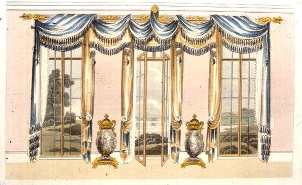 Fönstergardiner i salongen, skylt 109 från Ackermanns konstförråd, publicerad 1820 (färg litho) av English School