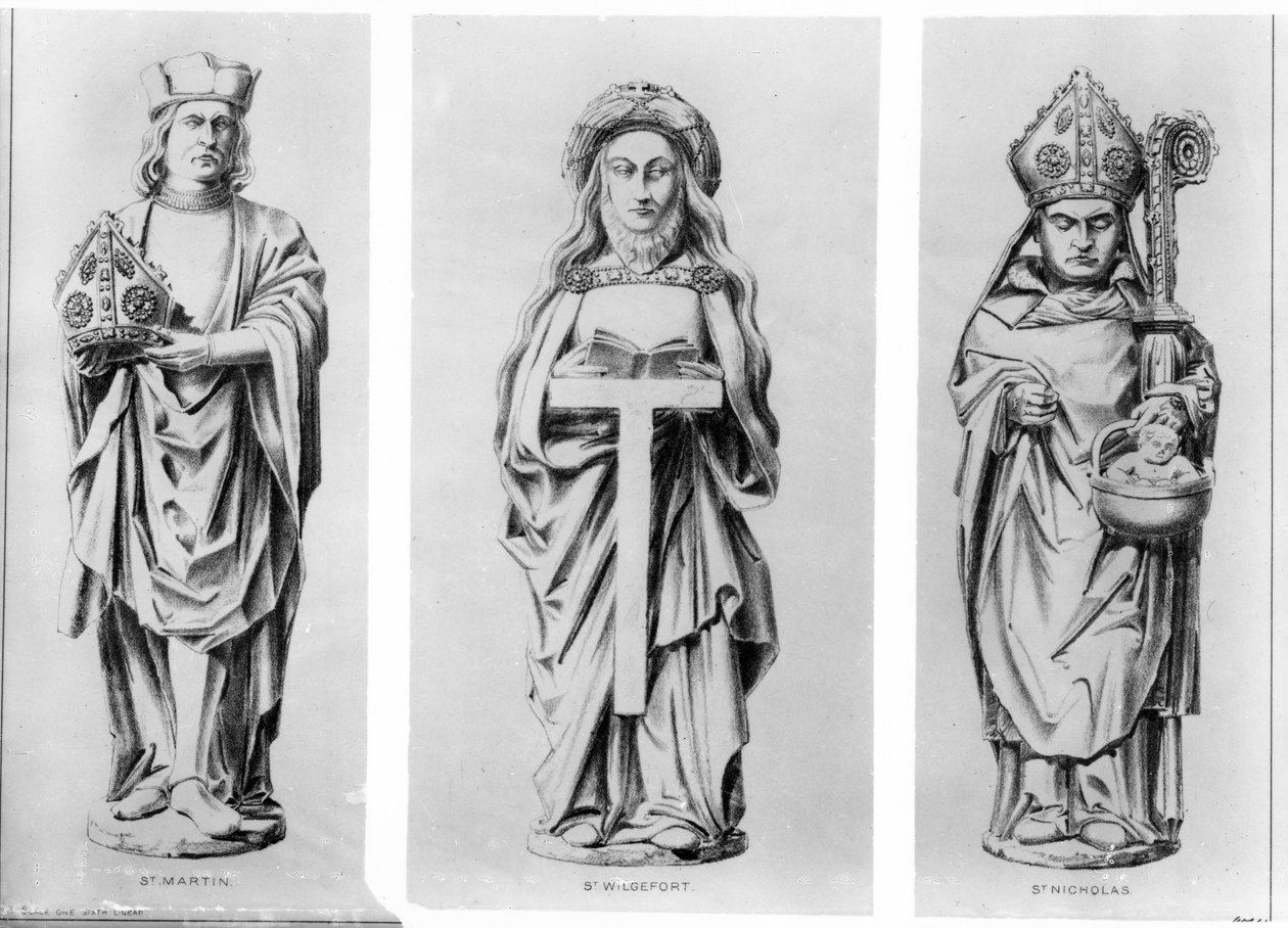 Teckningar av Saints Martin, Wilgefort och Nicholas från deras statyer i Henry VII Chapel, Westminster Abbey, av English School