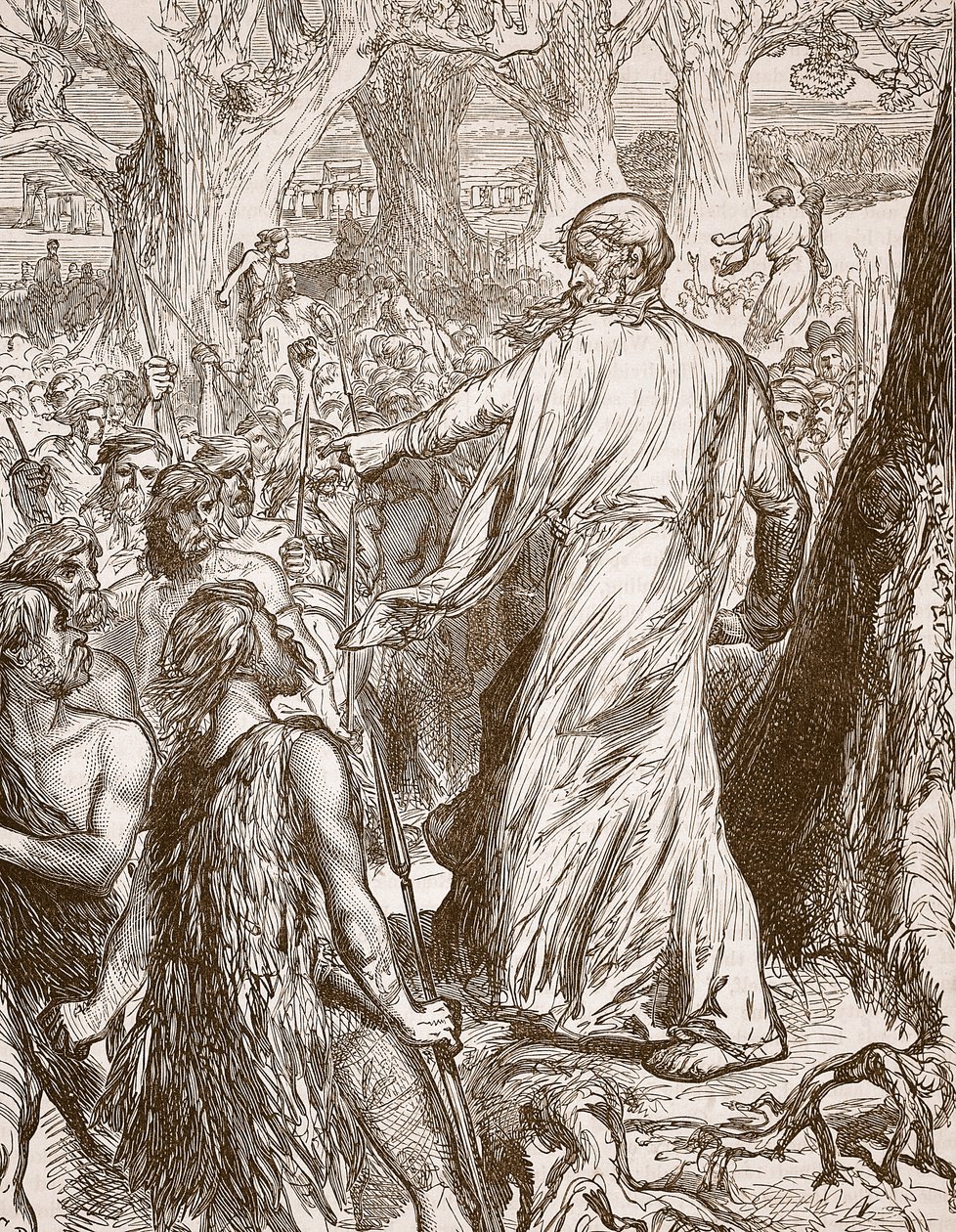 Druider som hetsar britterna att motsätta sig romarnas landsättning, illustration från Cassells Illustrated History of England (sepiafoto) av English School