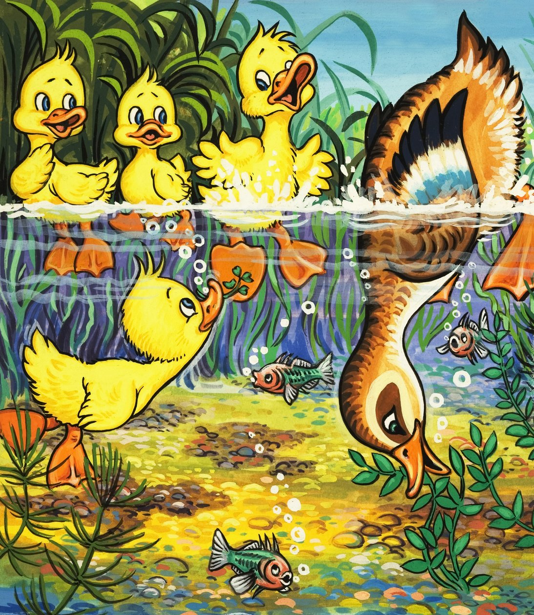 Anka och ankungar (gouache på papper) av English School