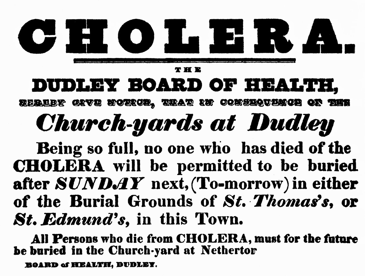 Dudley Board of Health-affisch som tillkännager begravningsförfarandet för människor som har dött i kolera, ca 1840-talet av English School