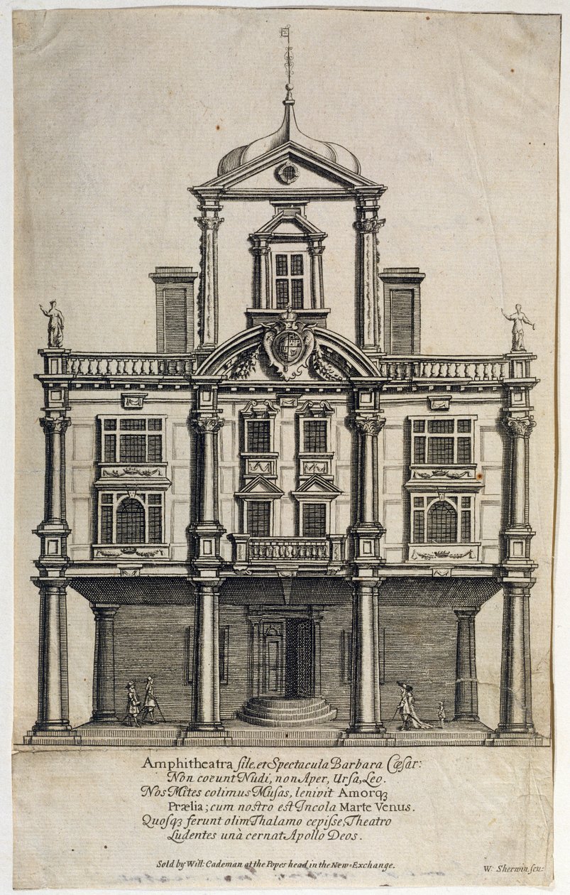 Dukes Theatre, Dorset Gardens, graverad av W. Sherwin (ca 1645-1711) 1673 av English School