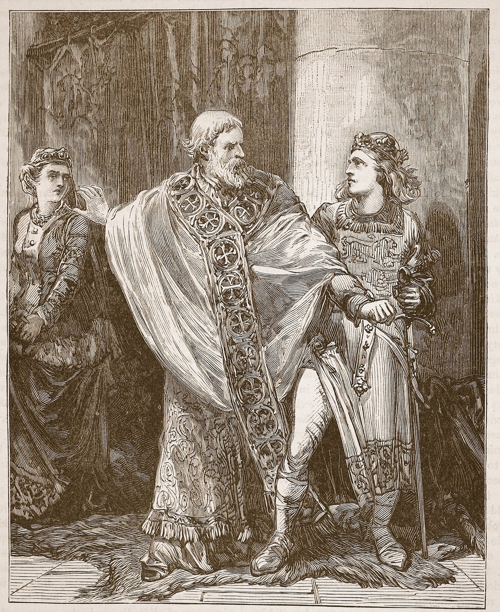 Dunstan drar Edwy från närvaron av Elgiva, illustration från Cassells Illustrated History of England (sepiafoto) av English School
