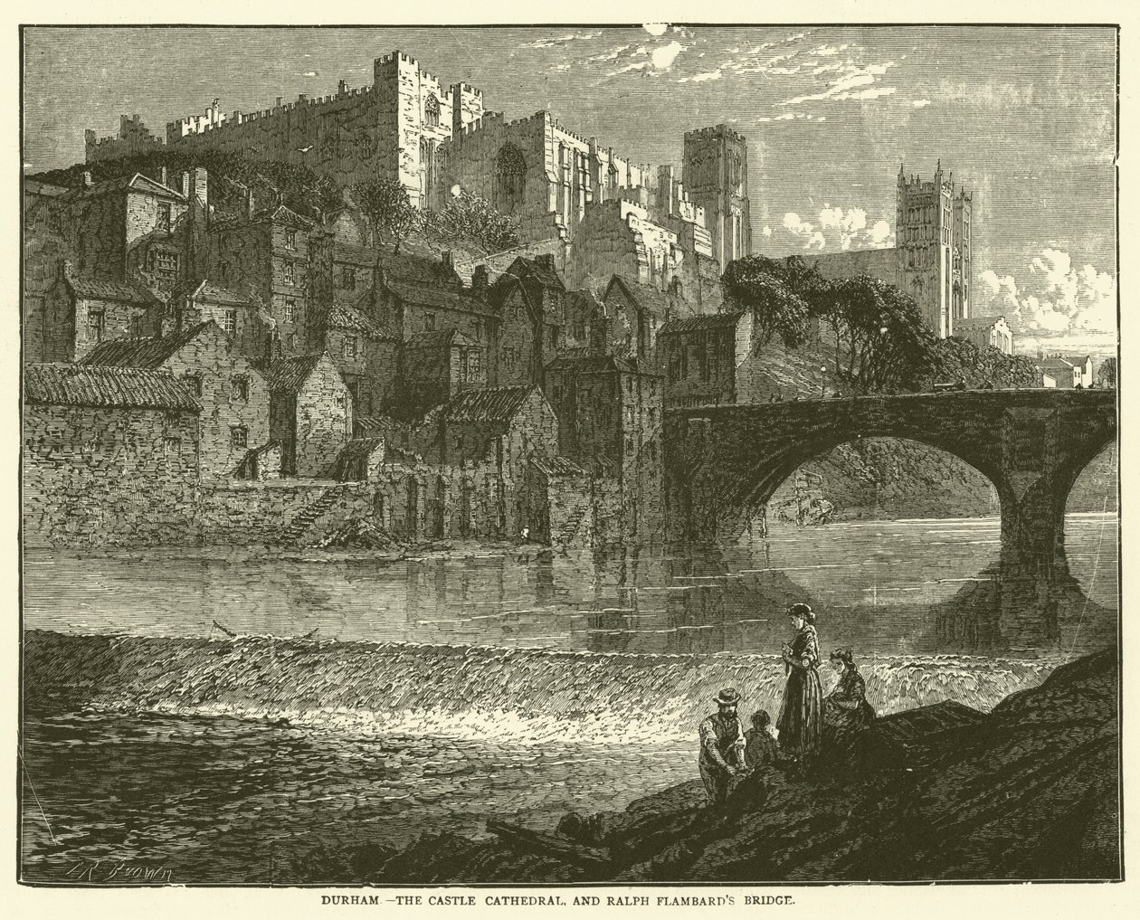 Durham, slottet katedralen och Ralph Flambards bro (gravyr) av English School
