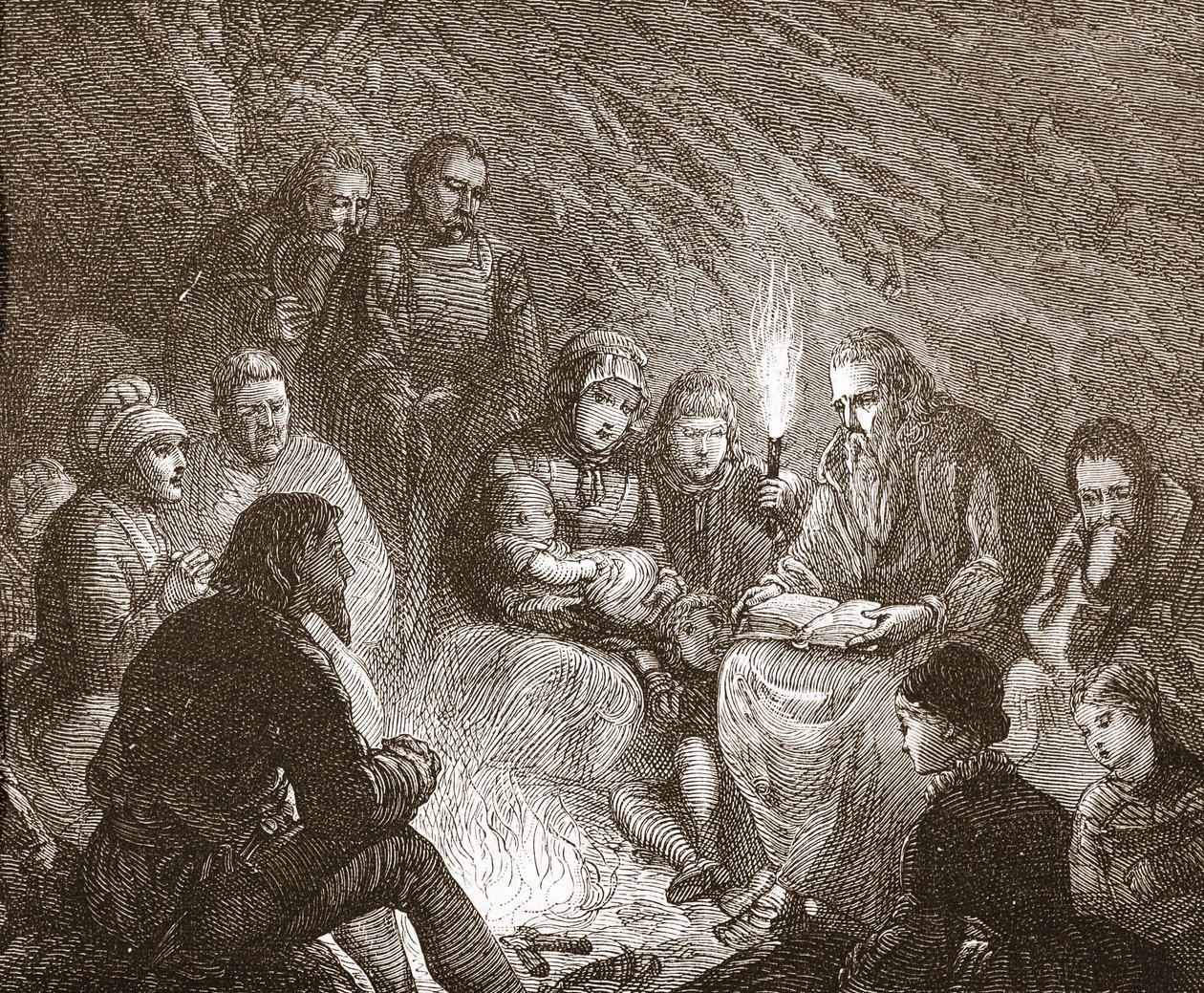 Holländska protestanter i gömmer sig, illustration från The History of Protestantism av James Aitken Wylie (1808-1890), pub. 1878 av English School