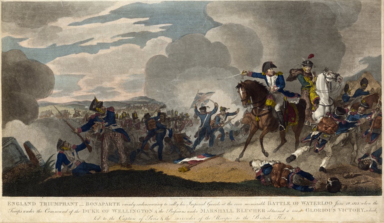ENGLAND TRIUMPHANT. Napoleon försöker samla det kejserliga gardet vid slaget vid Waterloo, ca. 1815 (gravyr) av English School