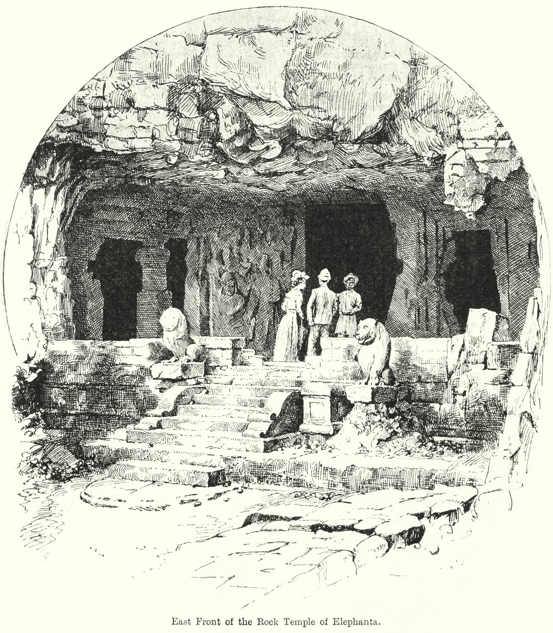 Östra framsidan av klipptemplet i Elephanta (gravyr) av English School