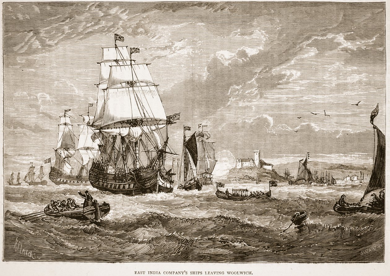 East India Company fartyg som lämnar Woolwich, illustration från Cassell