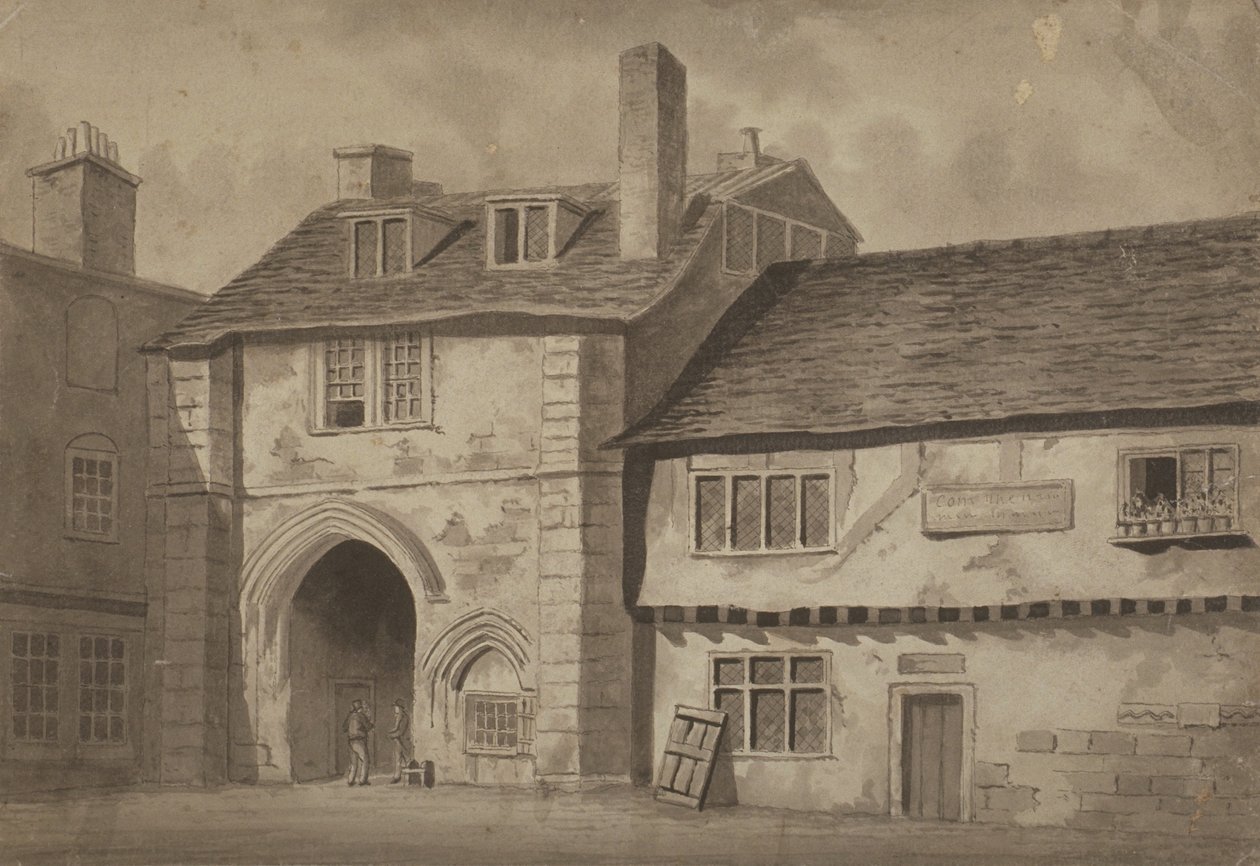 Östlig vy av porten till Abbey of St Saviour, Bermondsey, ca 1825 (penna, penna och tvätt på papper) av English School