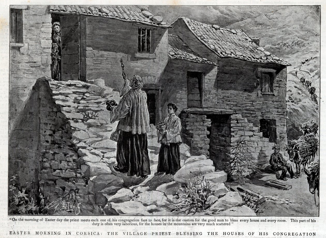Påskmorgon på Korsika, byprästen välsignar husen i sin församling - Påskmorgon på Korsika, byprästen välsignar husen i sin kongregation. Illustration för The Graphic av English School