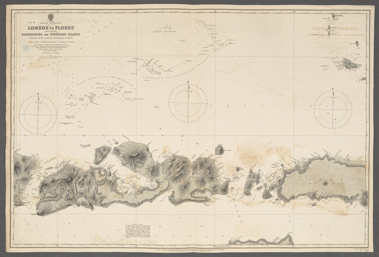 Östra skärgården, Lombok till Flores, inklusive Paternoster- och Postillonöarna; från ... Bataviska regeringens undersökningar. [Admiralty Chart], London av English School